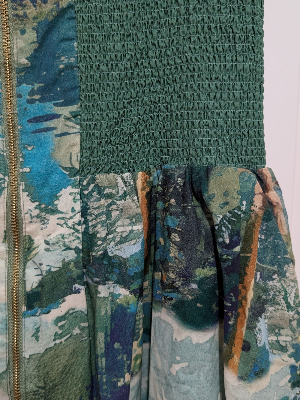Anthropologie Tommie Green and Blue Printed Midi Dress with Smocked Waist - Picture 4 of 6